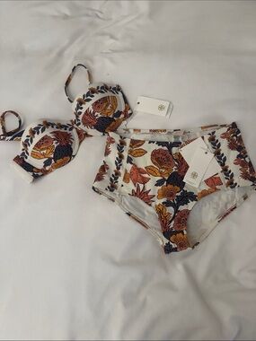 Tory Burch Small White Floral High-Waist Bikini with Mustard & Navy Accents